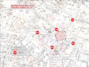 Harta Plan restrictii circulație în zona centrală a Sucevei, duminică 19 mai