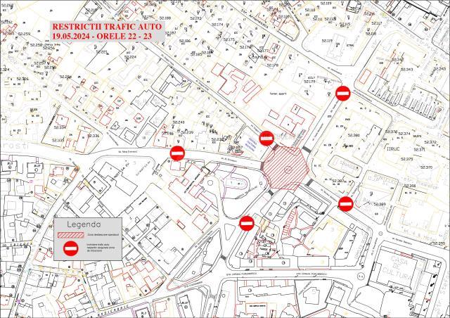 Harta Plan restrictii circulație în zona centrală a Sucevei, duminică 19 mai