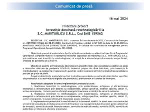 Finalizare proiect Investiție destinată retehnologizării la S.C. MARITURLICU S.R.L., Cod SMIS 159562