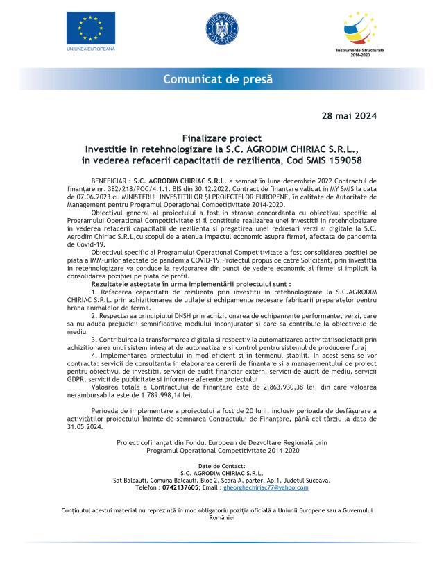 Finalizare proiect Investitie in retehnologizare la S.C. AGRODIM CHIRIAC S.R.L.,  in vederea refacerii capacitatii de rezilienta, Cod SMIS 159058