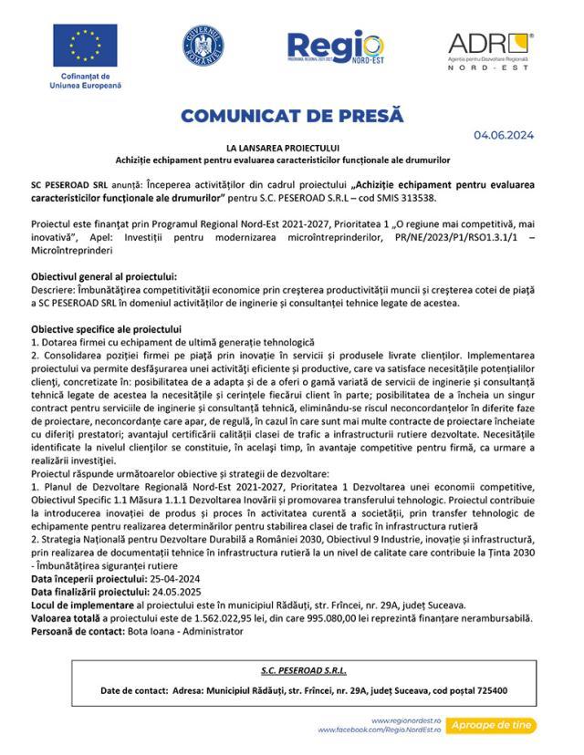 LA LANSAREA PROIECTULUI Achiziție echipament pentru evaluarea caracteristicilor funcționale ale drumurilor
