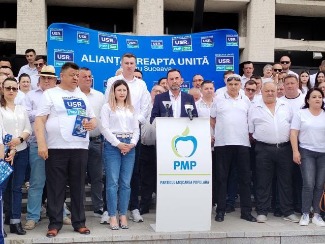 Membrii și susținătorii partidelor din Alianța Dreapta Unită au participat la un marș de susținere a candidaturii lui Marian Andronache pentru Primăria Suceava