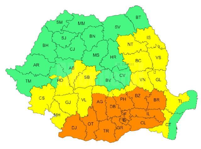 Cod galben de furtuni în 10 județe, cod portocaliu de caniculă în sudul țării