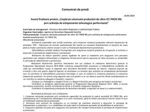 Anunț finalizare proiect „Creşterea volumului producției de către ICC PROD SRL prin achiziția de echipamente tehnologice performante”