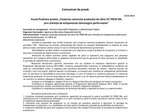 Anunț finalizare proiect „Creşterea volumului producției de către ICC PROD SRL  prin achiziția de echipamente tehnologice performante”