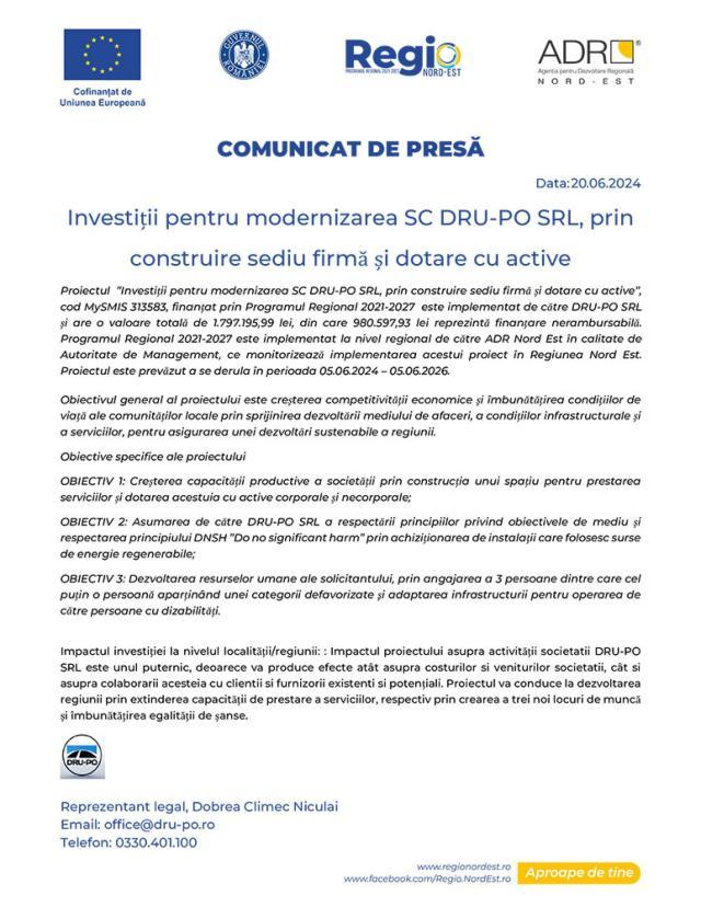 Investiții pentru modernizarea SC DRU-PO SRL, prin construire sediu firmă și dotare cu active