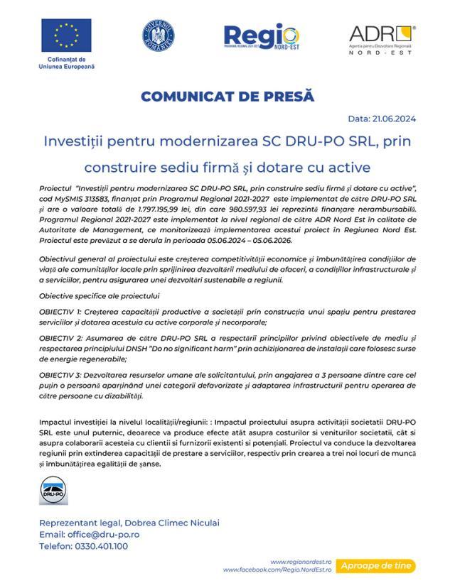 Investiții pentru modernizarea SC DRU-PO SRL, prin  construire sediu firmă și dotare cu active