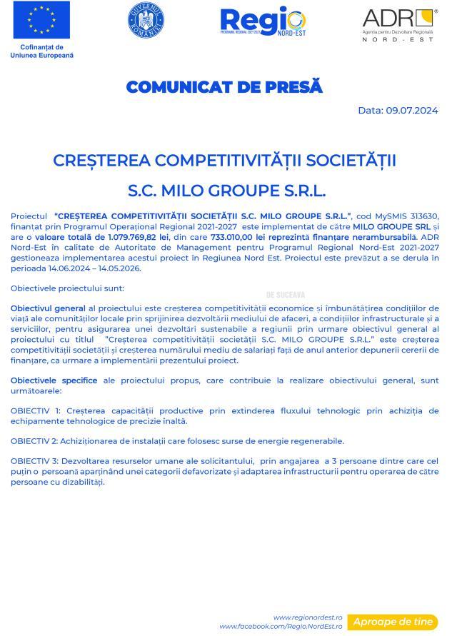 CREȘTEREA COMPETITIVITĂȚII SOCIETĂȚII S.C. MILO GROUPE S.R.L.