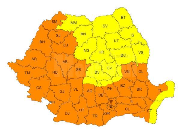 Cod portocaliu de caniculă în jumătate din țară, codul galben prelungit în restul teritoriului