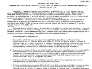 LA FINALIZAREA PROIECTULUI „MODERNIZARE CU ASFALT STR. GRANELOR, STR. CIOCARLIEI, STR. CAMPULUI SI STR. C BRANCOVEANU IN MUNICIPIUL RADAUTI, JUD. SUCEAVA”