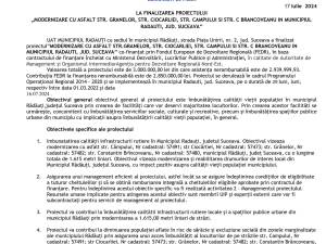 LA FINALIZAREA PROIECTULUI „MODERNIZARE CU ASFALT STR. GRANELOR, STR. CIOCARLIEI, STR. CAMPULUI SI STR. C BRANCOVEANU IN MUNICIPIUL RADAUTI, JUD. SUCEAVA”