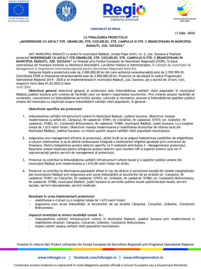 LA FINALIZAREA PROIECTULUI „MODERNIZARE CU ASFALT STR. GRANELOR, STR. CIOCARLIEI, STR. CAMPULUI SI STR. C BRANCOVEANU IN MUNICIPIUL RADAUTI, JUD. SUCEAVA”