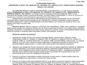 LA FINALIZAREA PROIECTULUI „MODERNIZARE CU ASFALT STR. GRANELOR, STR. CIOCARLIEI, STR. CAMPULUI SI STR. C BRANCOVEANU IN MUNICIPIUL RADAUTI, JUD. SUCEAVA”