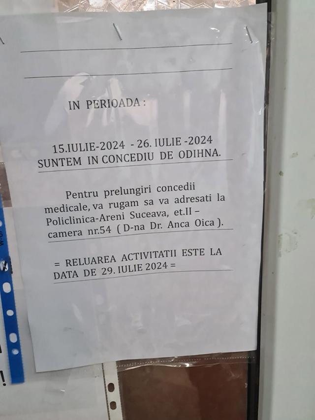 Anunț că medicii de la comisia de expertiză din Câmpulung Moldovenesc sunt în concediu