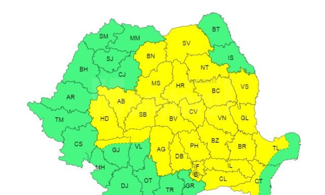 Cod galben de ploi torențiale și vânt valabil astăzi în județul Suceava