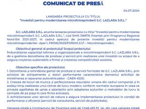 LANSAREA PROIECTULUI CU TITLUL “Investiții pentru modernizarea microîntreprinderii S.C. LAZLARA S.R.L.”