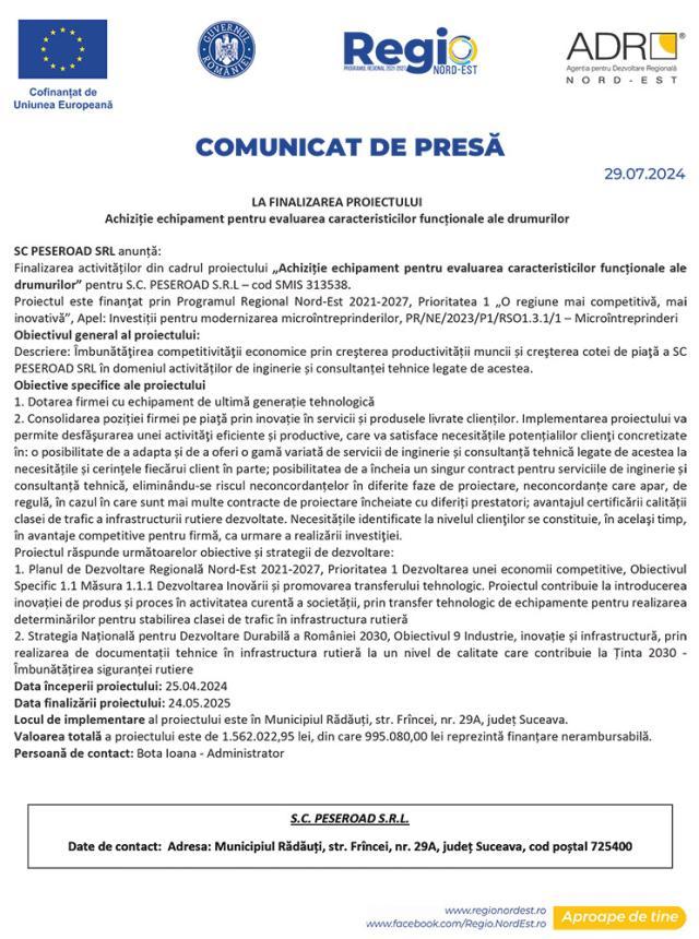 LA FINALIZAREA PROIECTULUI Achiziție echipament pentru evaluarea caracteristicilor funcționale ale drumurilor