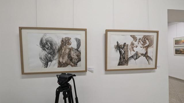 Expoziția de pictură și grafică adusă la Suceava de artiștii Gabriela Drăghici și Ion Drăghici, dedicată înotătorului David Popovici