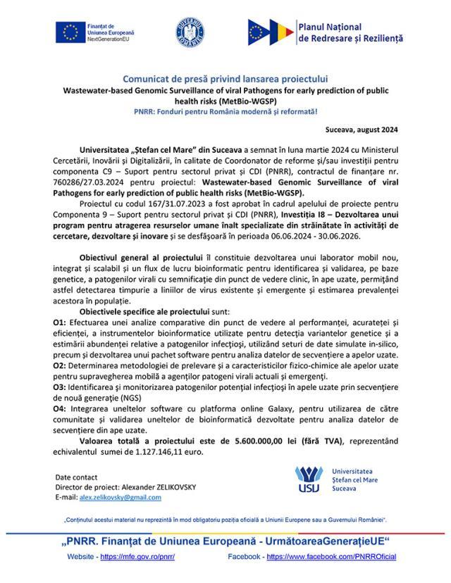 Comunicat de presă privind lansarea proiectului Wastewater-based Genomic Surveillance of viral Pathogens for early prediction of public health risks (MetBio-WGSP) PNRR: Fonduri pentru România modernă și reformată!