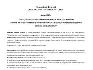 Lansarea proiectului: ”CONSTRUIREA UNEI UNITĂŢI DE PRODUCERE A ENERGIEI  ELECTRICE DIN SURSE REGENERABILE ÎN VEDEREA COMPENSĂRII CONSUMULUI PROPRIU ÎN COMUNA BOROAIA, JUDEŢUL SUCEAVA”