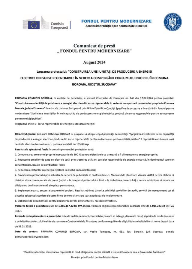 Lansarea proiectului: ”CONSTRUIREA UNEI UNITĂŢI DE PRODUCERE A ENERGIEI  ELECTRICE DIN SURSE REGENERABILE ÎN VEDEREA COMPENSĂRII CONSUMULUI PROPRIU ÎN COMUNA BOROAIA, JUDEŢUL SUCEAVA”