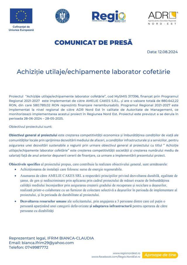 Achiziție utilaje/echipamente laborator cofetărie