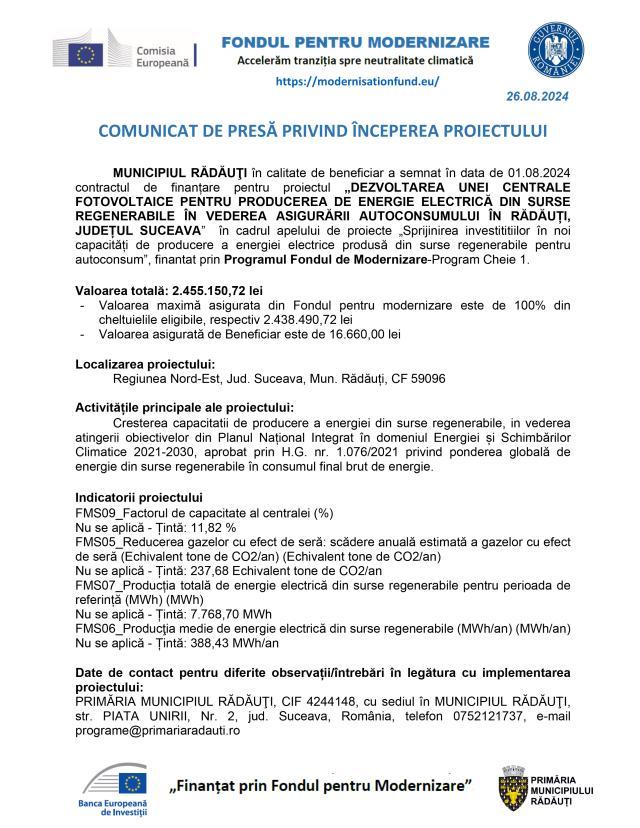 COMUNICAT DE PRESĂ PRIVIND ÎNCEPEREA PROIECTULUI