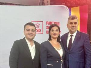 Larisa Blanari alături de liderul PSD MArcel Ciolacu și viitorul președinte al CJ Suceava, Gheorghe Șoldan