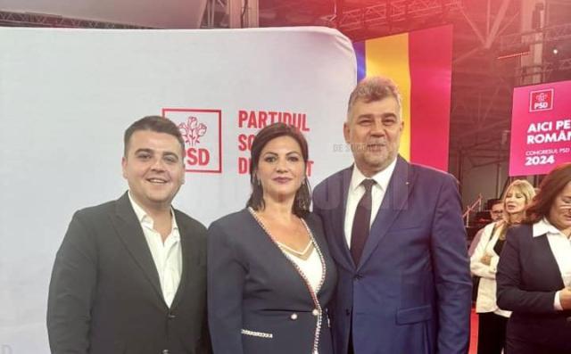 Larisa Blanari alături de liderul PSD MArcel Ciolacu și viitorul președinte al CJ Suceava, Gheorghe Șoldan