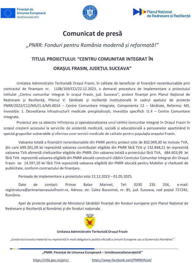 TITLUL PROIECTULUI: “CENTRU COMUNITAR INTEGRAT ÎN ORAȘUL FRASIN, JUDEȚUL SUCEAVA”