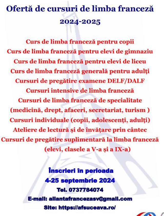 Cursuri anuale de limba franceză, organizate de Alianța Franceză