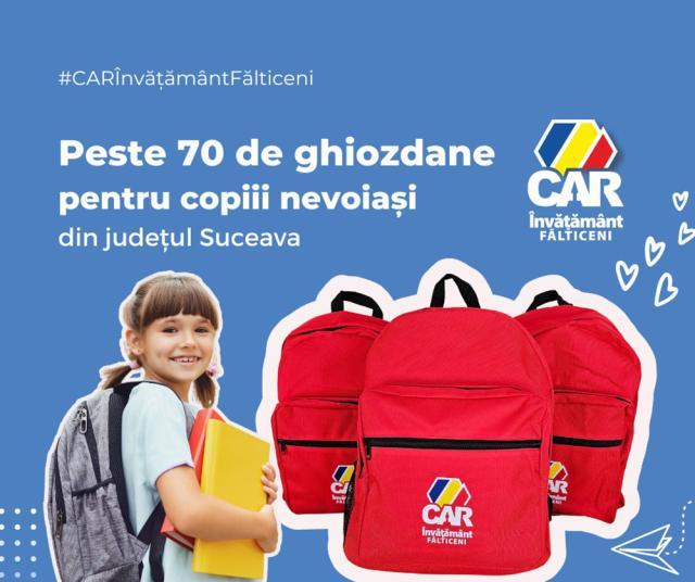 Peste 70 de copii din județul Suceava primesc ghiozdane complet echipate de la CAR Învățământ Fălticeni