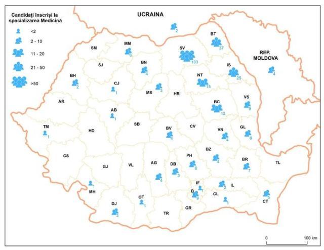 Distribuția geografică a candidaților înscrişi la admiterea pentru  programul de Medicină al USV, pe baza datelor din 11 septembrie. Foto - Facebook prof. univ. dr. rector Mihai Dimian