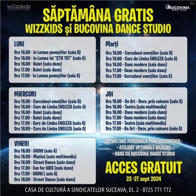 O SĂPTĂMÂNĂ de cursuri GRATUITE pentru copii, oferite de Centrul Educațional WizzKids – Before & After School și Bucovina Dance Studio