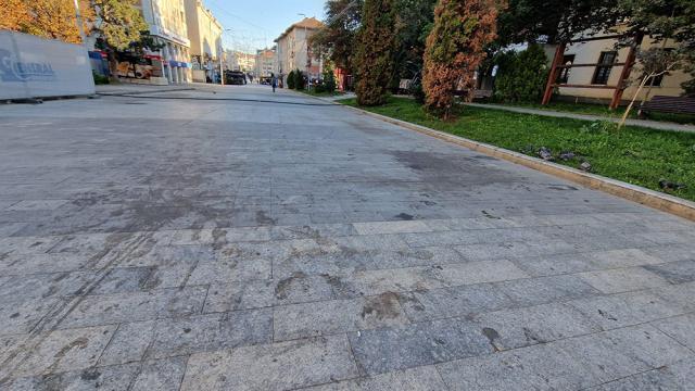 Esplanada din centrul Sucevei, brăzdată de grăsime și zoaie, la două zile după Târgul de Toamnă