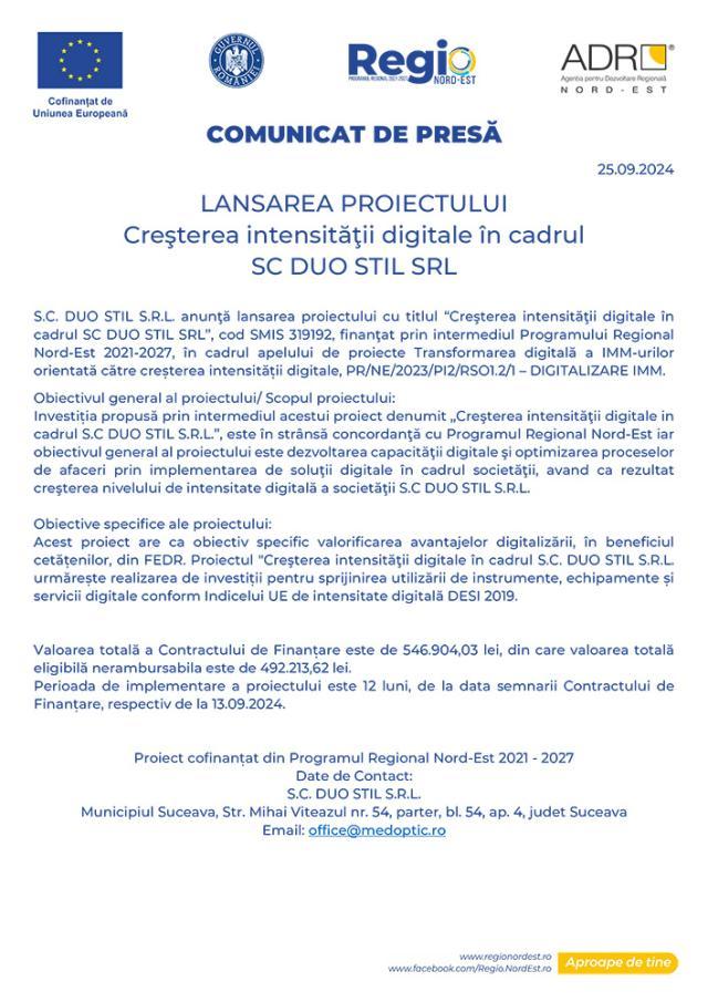 LANSAREA PROIECTULUI Creşterea intensităţii digitale în cadrul SC DUO STIL SRL