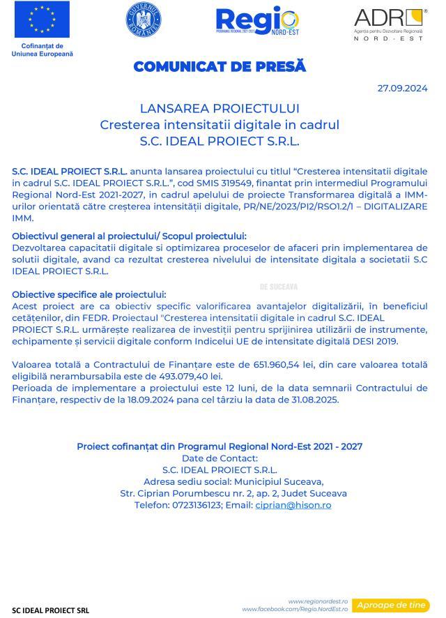 LANSAREA PROIECTULUI Cresterea intensitatii digitale in cadrul S.C. IDEAL PROIECT S.R.L.