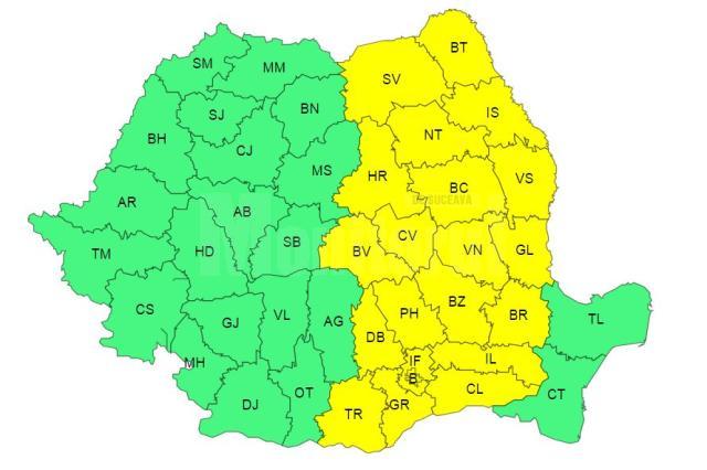 Cod galben de ploi în aproape jumătate de țară, de sâmbătă după-amiază până duminică la amiază