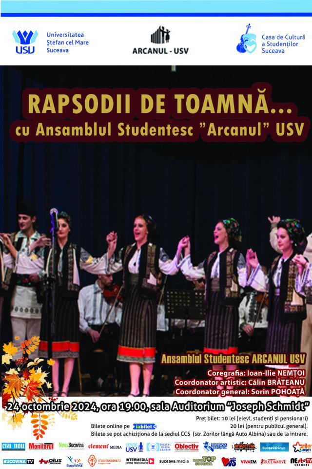 „Rapsodii de toamnă”, cu Ansamblul „Arcanul” USV, pe scena Universității Suceava