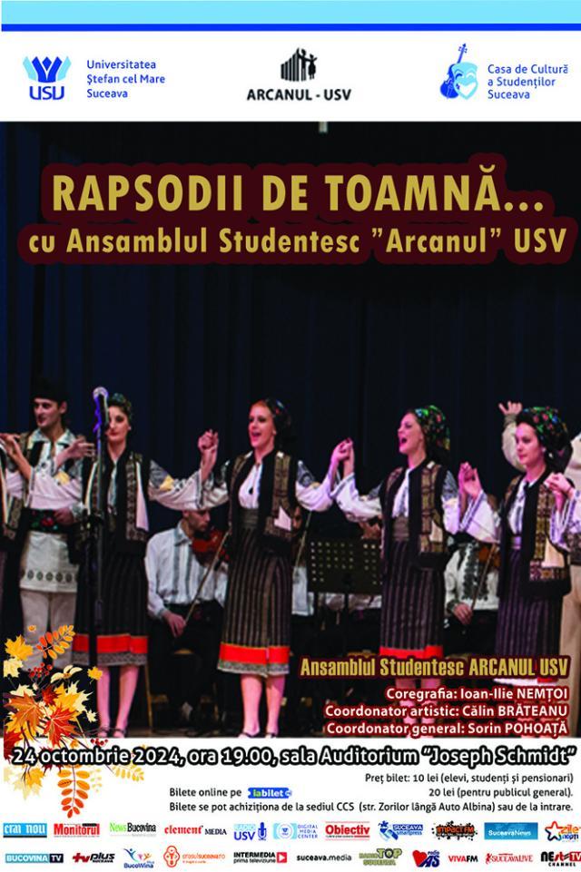 „Rapsodii de toamnă”, cu Ansamblul „Arcanul” USV, pe scena Universității Suceava