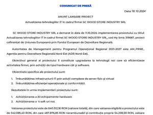 ANUNȚ LANSARE PROIECT Actualizarea tehnologiilor IT în cadrul firmei SC WOOD STORE INDUSTRY SRL