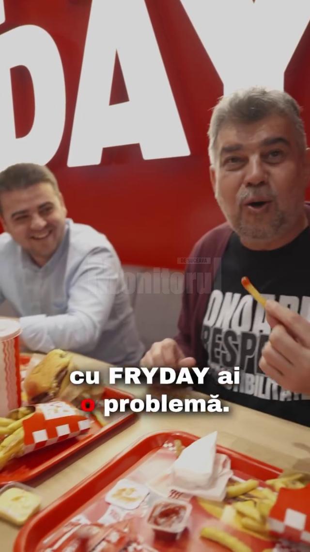 Premierul Marcel Ciolacu și președintele ales al CJ Suceava, Gheorghe Șoldan la restaurantul FRYDAY