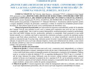 „DEZVOLTAREA REȚELEI DE ȘCOLI VERZI - CONSTRUIRE CORP NOU LA ȘCOALA GIMNAZIALĂ "DR. SIMION ȘI METZIA HÎJ", ÎN COMUNA VOLOVĂȚ, JUDEȚUL. SUCEAVA”