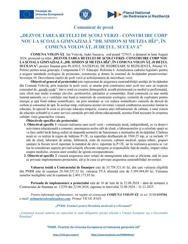 „DEZVOLTAREA REȚELEI DE ȘCOLI VERZI - CONSTRUIRE CORP NOU LA ȘCOALA GIMNAZIALĂ "DR. SIMION ȘI METZIA HÎJ", ÎN COMUNA VOLOVĂȚ, JUDEȚUL. SUCEAVA”
