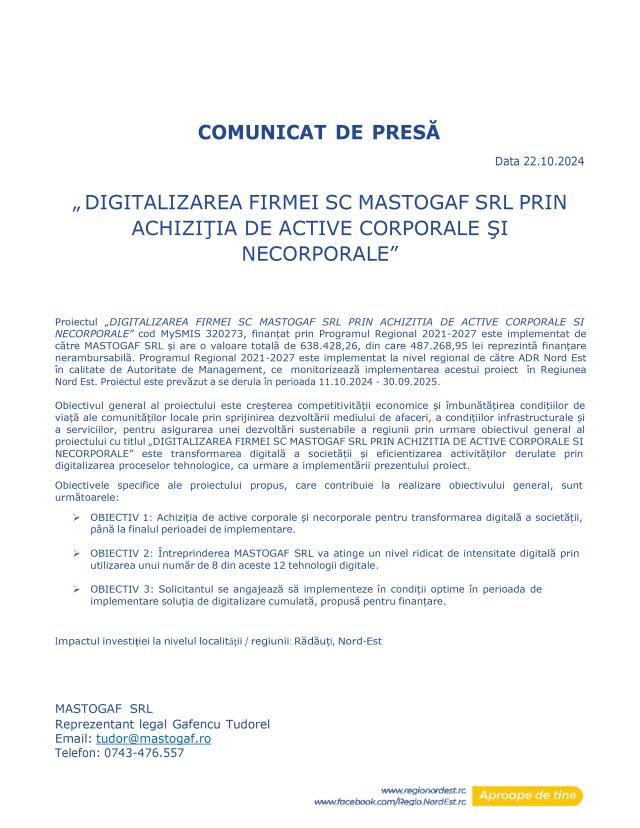 „DIGITALIZAREA FIRMEI SC MASTOGAF SRL PRIN ACHIZIŢIA DE ACTIVE CORPORALE ŞI NECORPORALE”