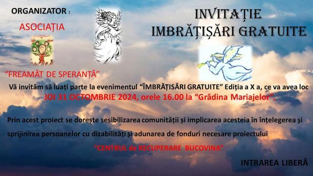 Evenimentul caritabil „Îmbrăţişări Gratuite”, în ultima zi din octombrie, la Câmpulung Moldovenesc