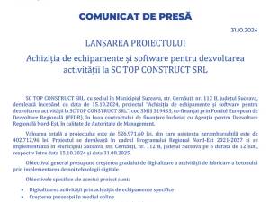 LANSAREA PROIECTULUI - Achiziția de echipamente și software pentru dezvoltarea activității la SC TOP CONSTRUCT SRL