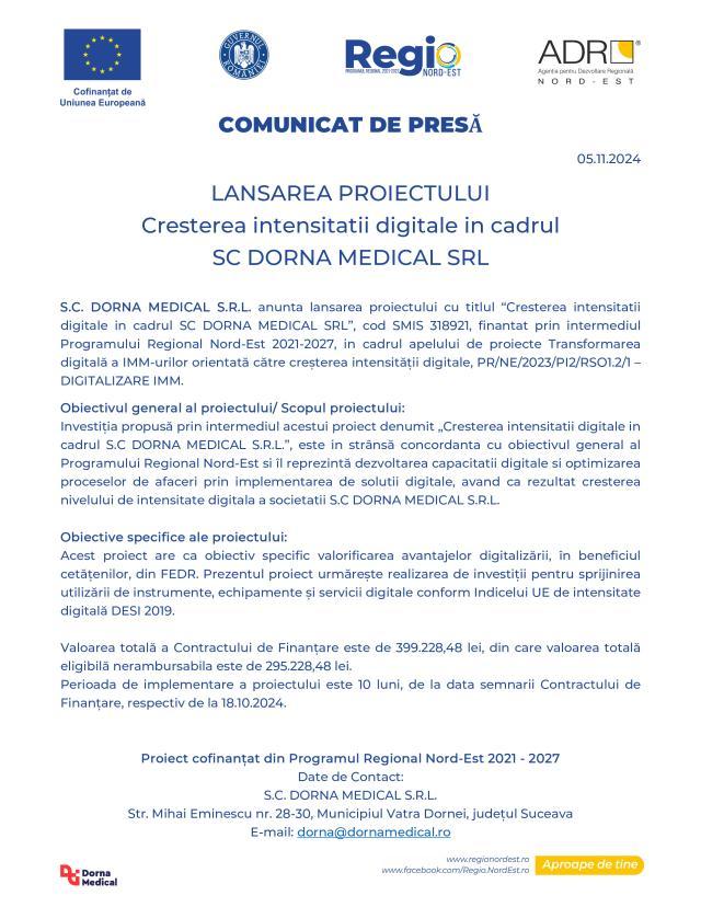 LANSAREA PROIECTULUI Cresterea intensitatii digitale in cadrul SC DORNA MEDICAL SRL