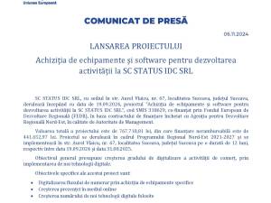 LANSAREA PROIECTULUI Achiziția de echipamente și software pentru dezvoltarea activității la SC STATUS IDC SRL