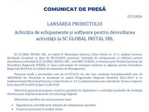 LANSAREA PROIECTULUI Achiziția de echipamente și software pentru dezvoltarea activității la SC GLOBAL INSTAL SRL